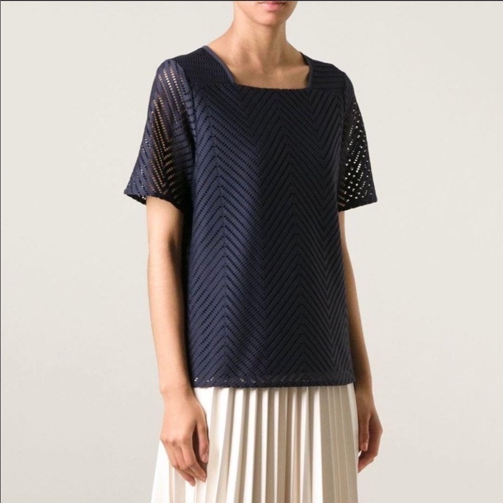 Tory Burch Square Neck Navy Relaxed Fit Laser cut Eyelet Short Sleeve Top XS